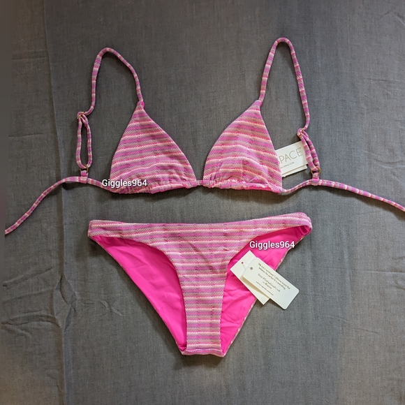 L*Space Brittany Camacho Bikini Set Electric Pique Pink Stripe - Picture 1 of 13